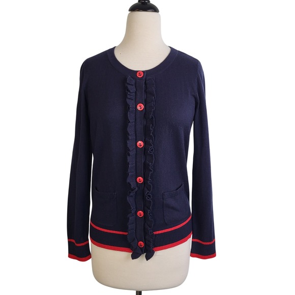 Talbots Nautical Anchor Cardigan Navy Ruffle Cotton Cashmere Sweater M Preppy - Picture 2 of 10
